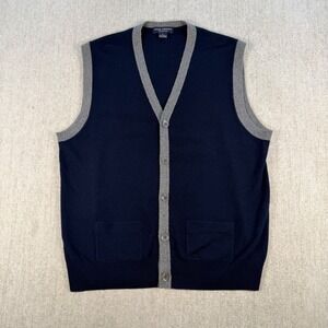Daniel Cremieux Cardigan Vest Men L Navy Blue 100% Cashmere V-Neck Contrast Trim